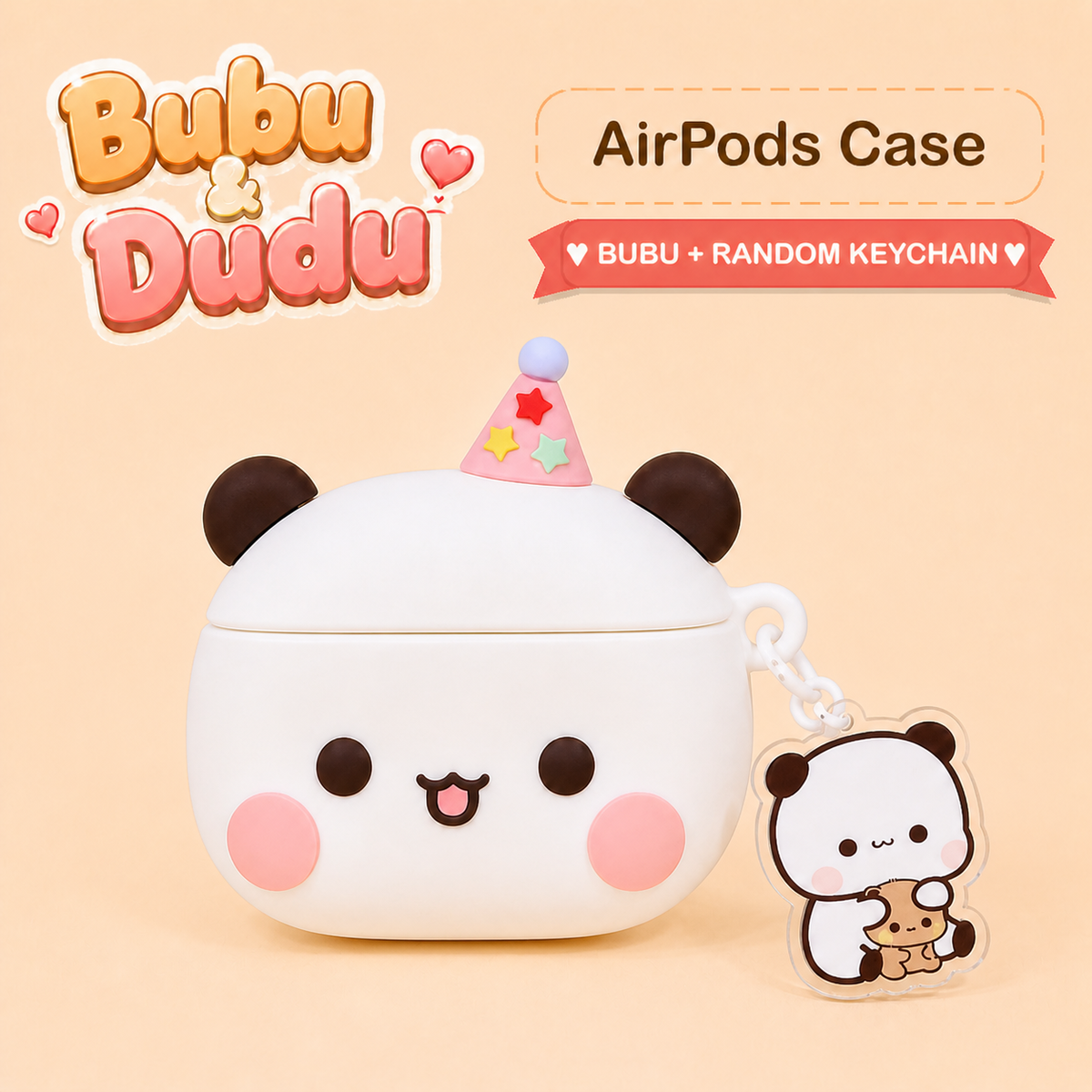 White Bubu AirPods Case with exact white chain and Bubu holding Dudu acrylic keychain