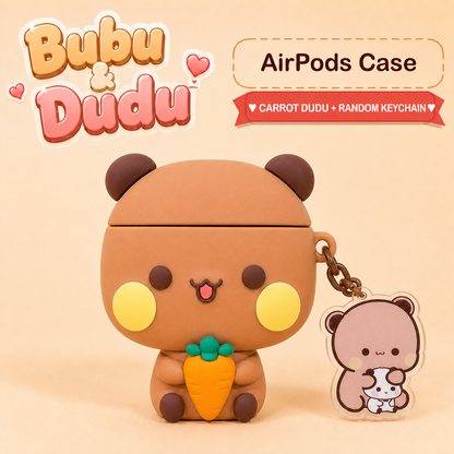 Brown Dudu carrot AirPods case with brown chain and matching random acrylic keychain